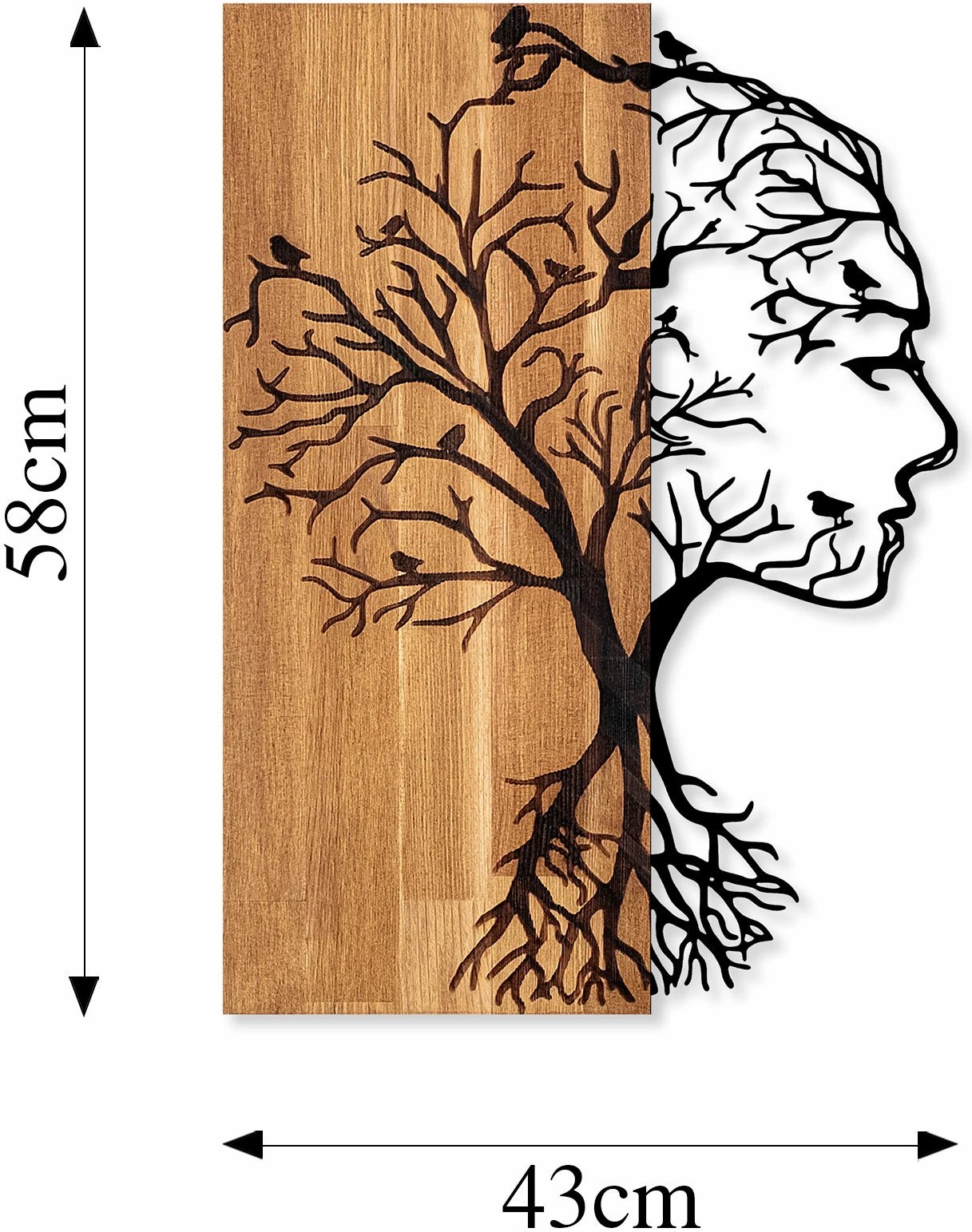 Aksesor dekorativ muri, dru dhe metal, fytyrë gruaje, Wallity, ngjyrë arre/zezë, 43x58cm