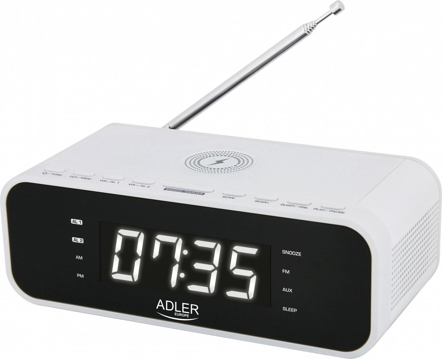 Radio‑alarm Adler AD1192W, FM PLL, Bluetooth 5.0, ngarkim pa tela 5W, 30 preset-e, e bardhë