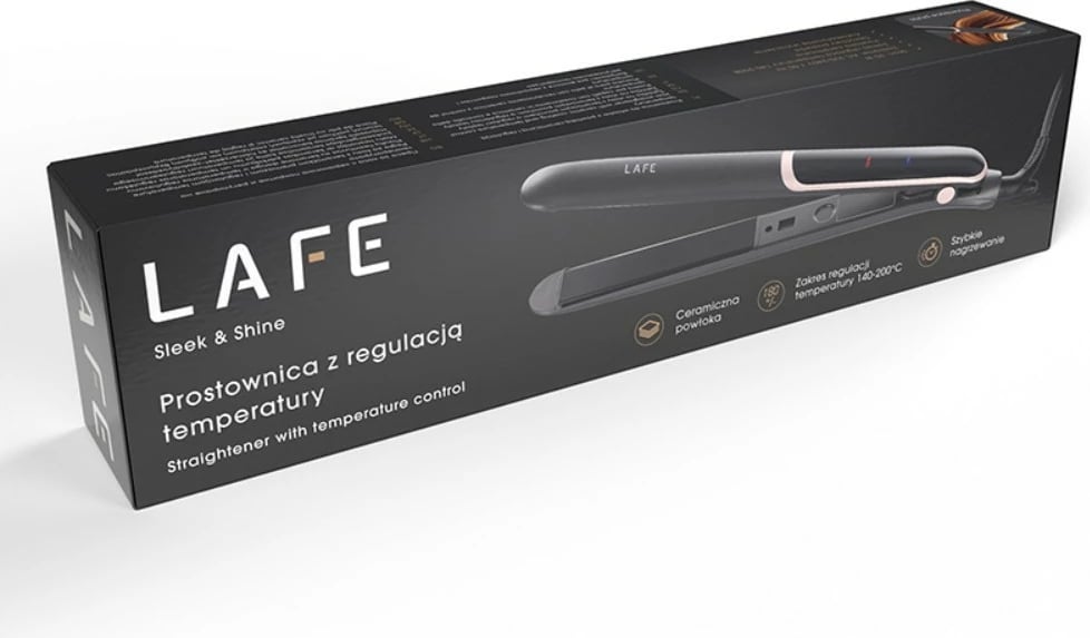 Drejtues flokësh, Lafe, Sleek & Shine LAFPST47570, veshje qeramike, 140–200°C, 35 W, kontroll temperature, i zi