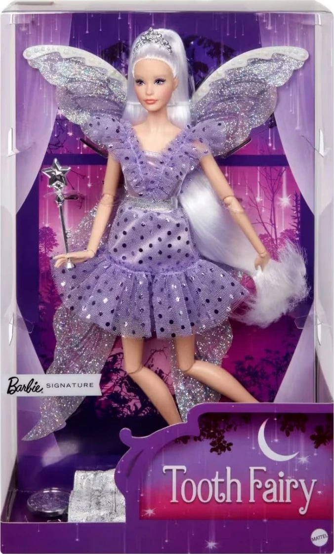 Kukull Barbie Signature Tooth Fairy, Mattel JCW43, me fustan vjollcë dhe aksesorë