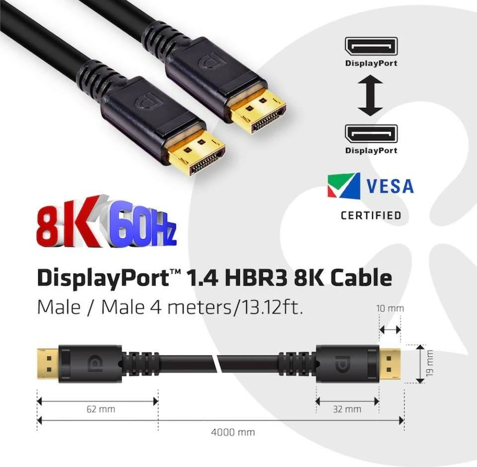 Kabllo DisplayPort Club3D 1.4, 4m, 32.4Gb/s, e zezë