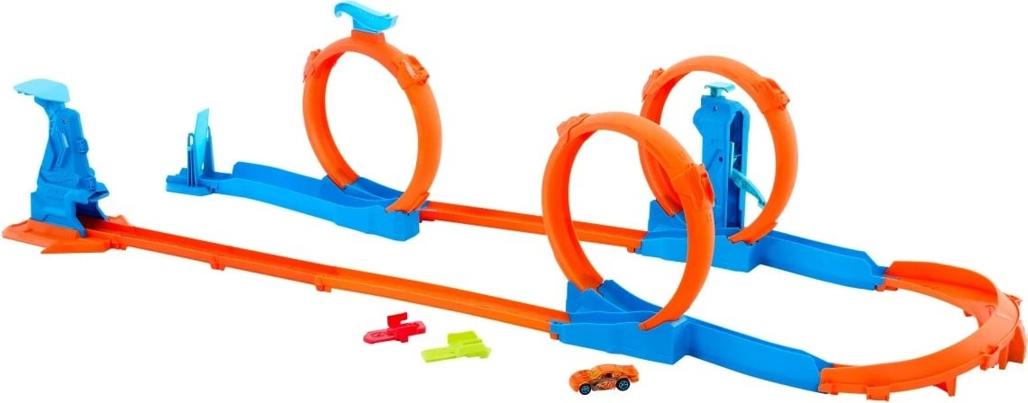 Set pistë garash Hot Wheels Track Creator Triple Loop, me makinë lodër, shumëngjyrëshe