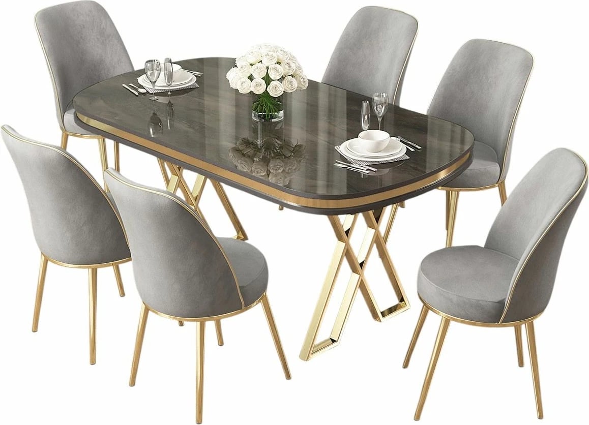 Set tavoline me karrige për ngrënie (7 copë), Skye Decor, anthracite, ari, gri