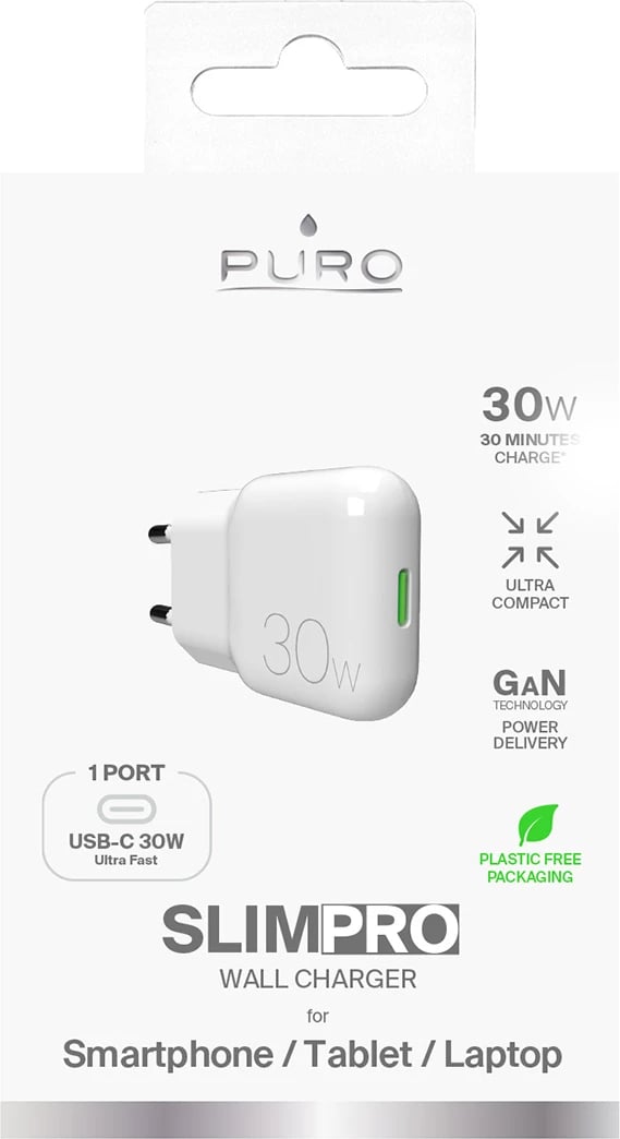 Karikues muri Puro SLIMPRO 30W USB-C, i bardhë