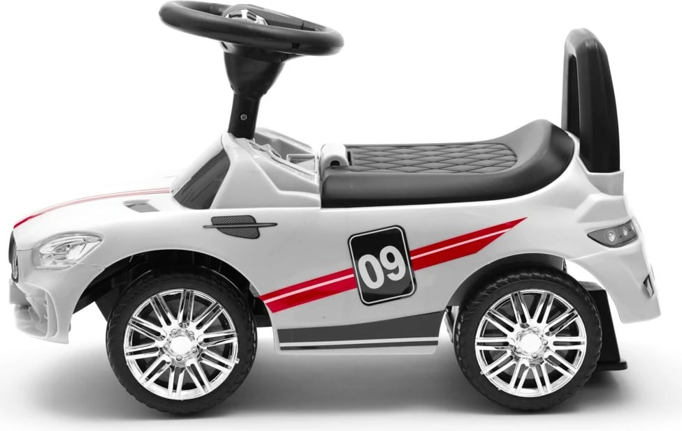 makinë ride-on për fëmijë, Baby Mix RACER, 12m+, ngarkesë 25 kg, ndarje nën sedilje, panel zëri, e bardhë