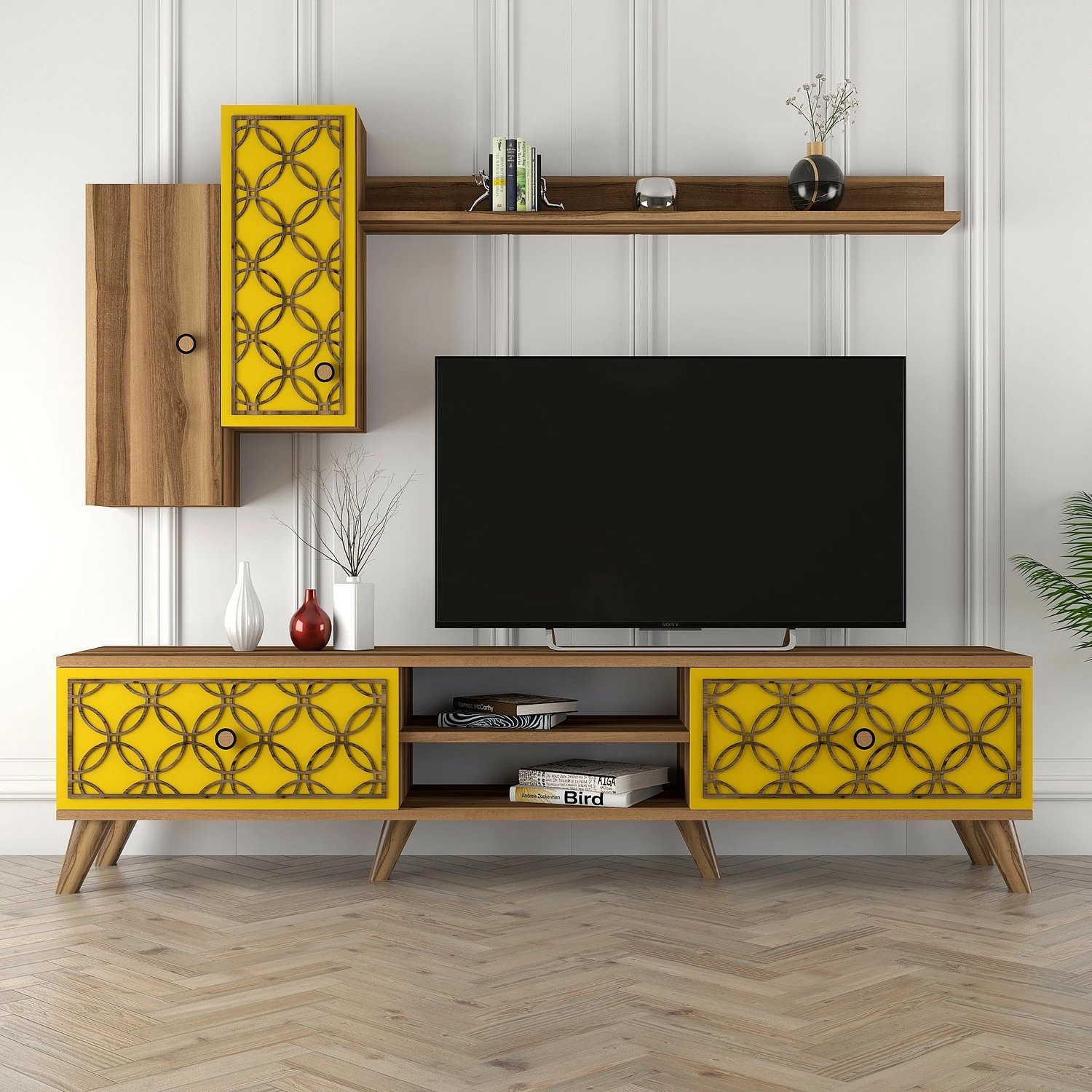 Set komodë TV Hanah Home, Class S, ngjyrë arre dhe e verdhë