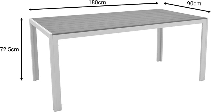 Tavolinë me karrige Mabu-Nares, 7 pjesë, alumin i bardhë dhe dru, 180x90x72.5 cm