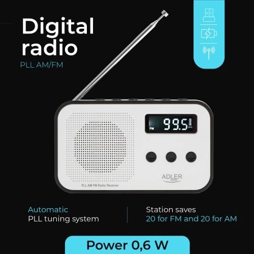 radio digjital PLL AM/FM, Adler, AD 1907, LCD, memorie 40 stacione, bateri 600 mAh, USB-C, e bardhë/zezë