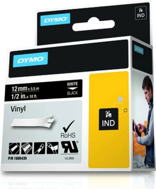 Shirit etiketimi vinil, Dymo, Rhino Coloured Vinyl 1805435, 12 mm x 5 m, tekst i bardhë në të zezë