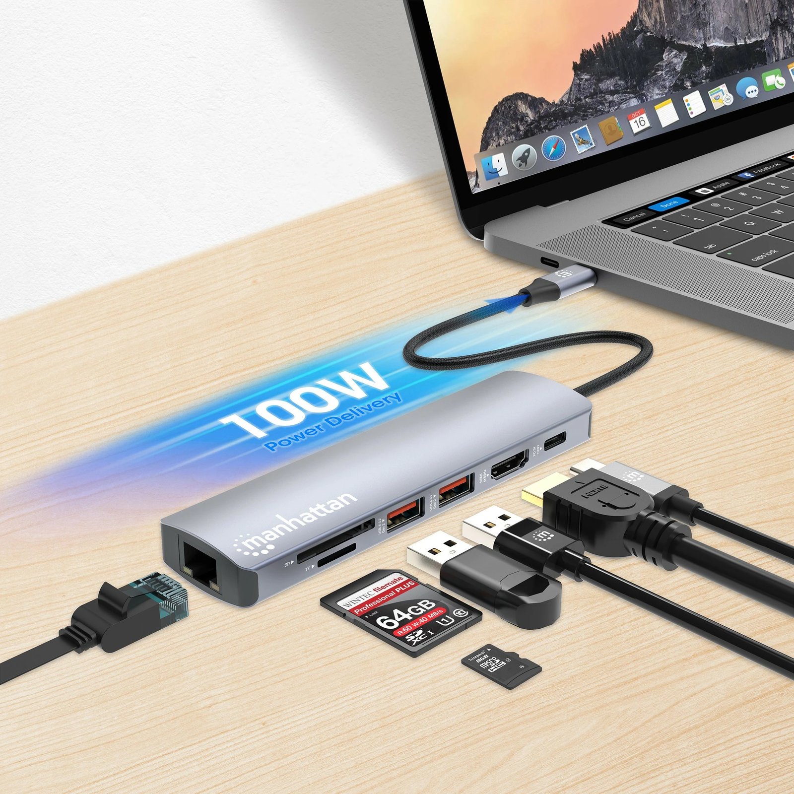 Docking station MANHATTAN 7-in-1, USB-C, 1x HDMI, 2x USB 10Gb/s, argjend