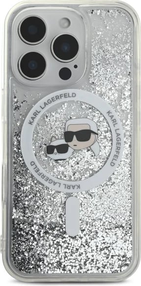 Mbështjellës Karl Lagerfeld Liquid Glitter Karl & Choupette Head MagSafe për iPhone 16 Pro Max, Transparent