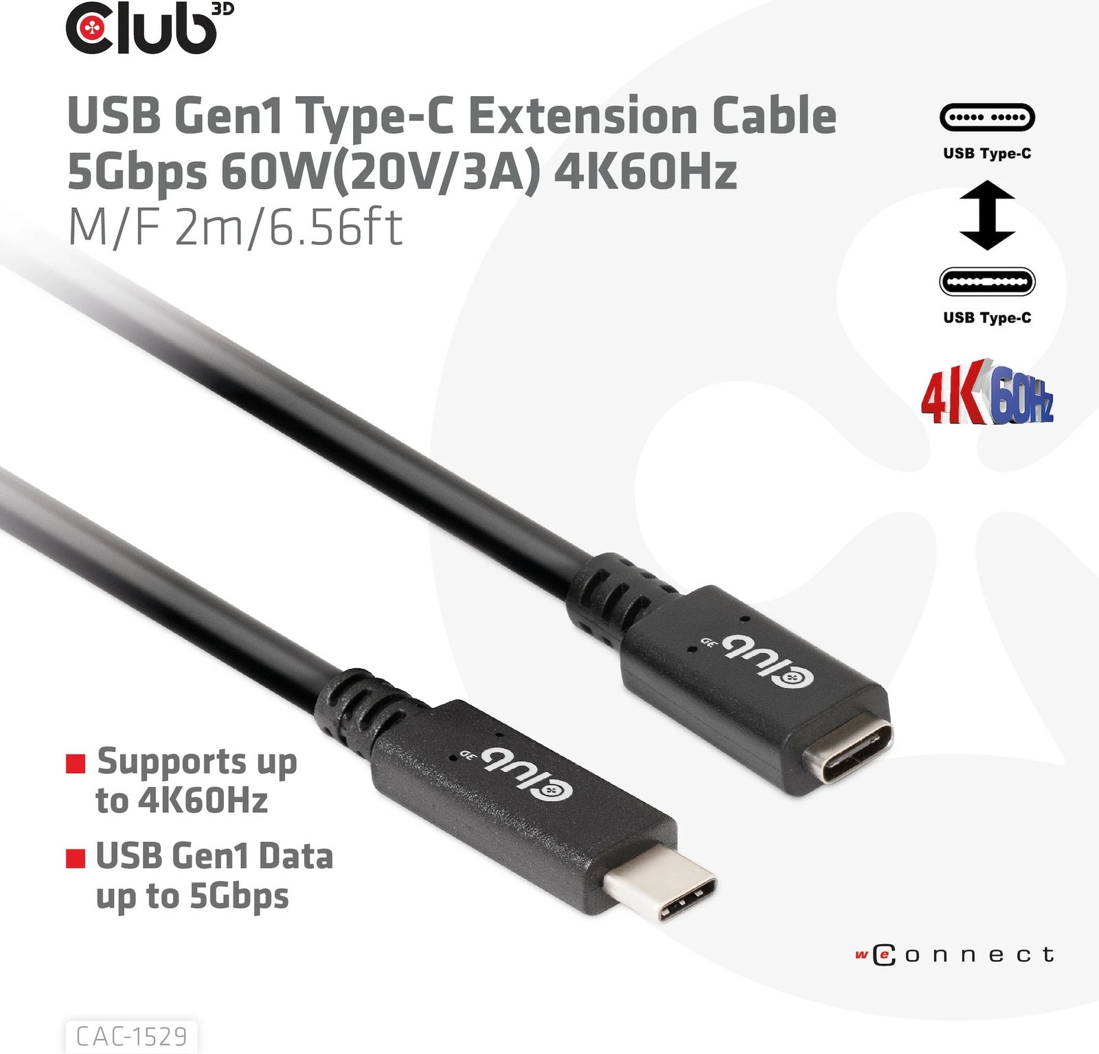 Kabllo USB-C Club3D CAC-1529, 2m, 5Gbps, zgjatues, e zezë