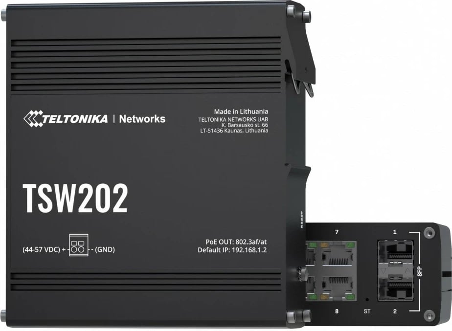 Switch industrial i menaxhuar Teltonika TSW202, 8x Gigabit LAN, 2x SFP, PoE+, i zi