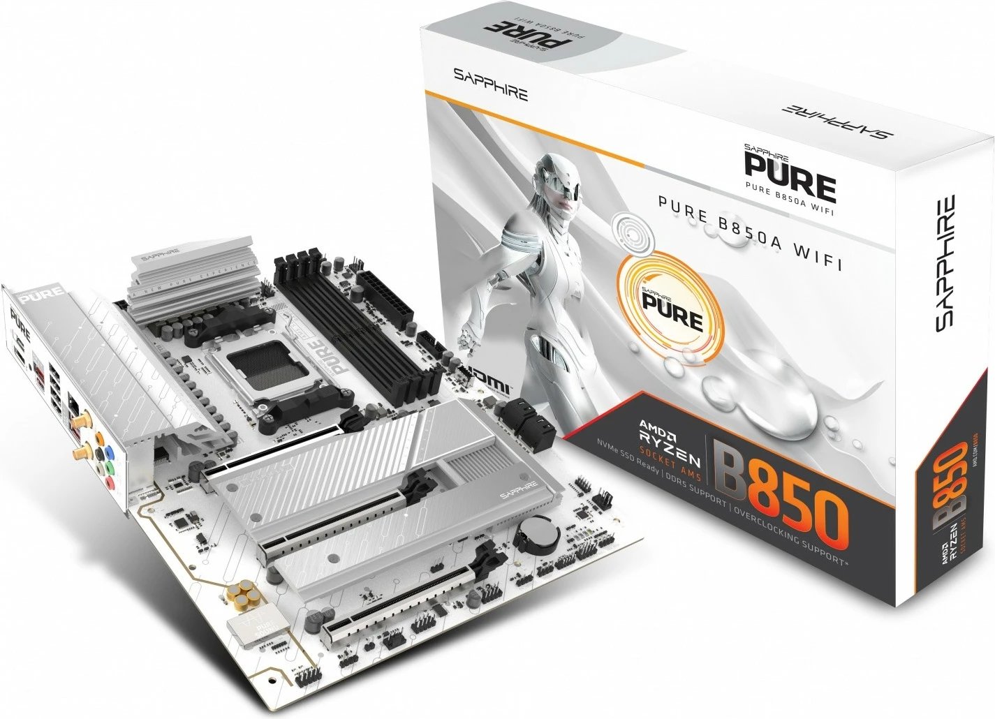Pllakë amë, Sapphire Technology PURE B850A WIFI 7 52123-11-40G, Socket AM5, chipset AMD B850, DDR5 4 slote, PCIe 5.0 x16, Wi‑Fi 7 & 2.5GbE, e bardhë
