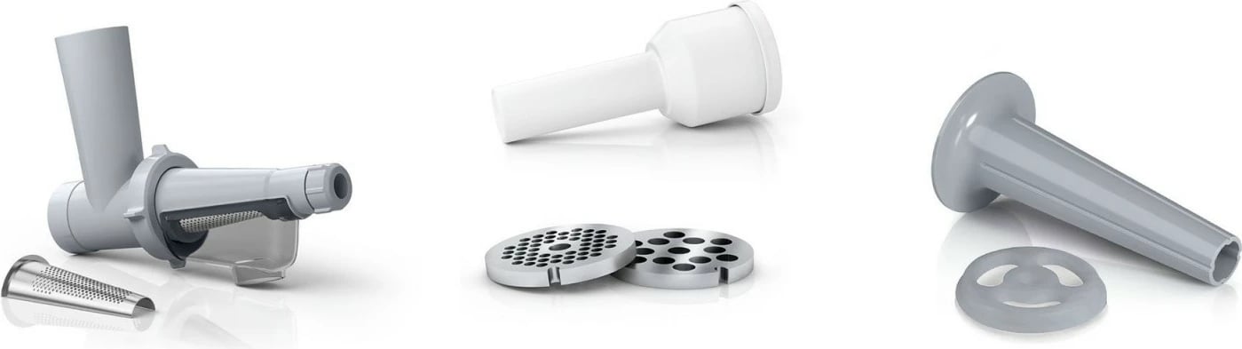 Bluarëse mishi, Bosch, MFW2515W, 1500W, disqe 3.8/8 mm, me shtojcë suxhukësh dhe shtrydhëse për manaferra/domate, e bardhë