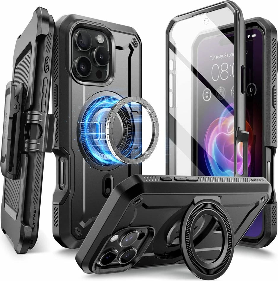 Mbështjellës Supcase Unicorn Beetle Pro Mag për iPhone 16 Pro Max/16 Plus, MagSafe, i zi, me klip rripi