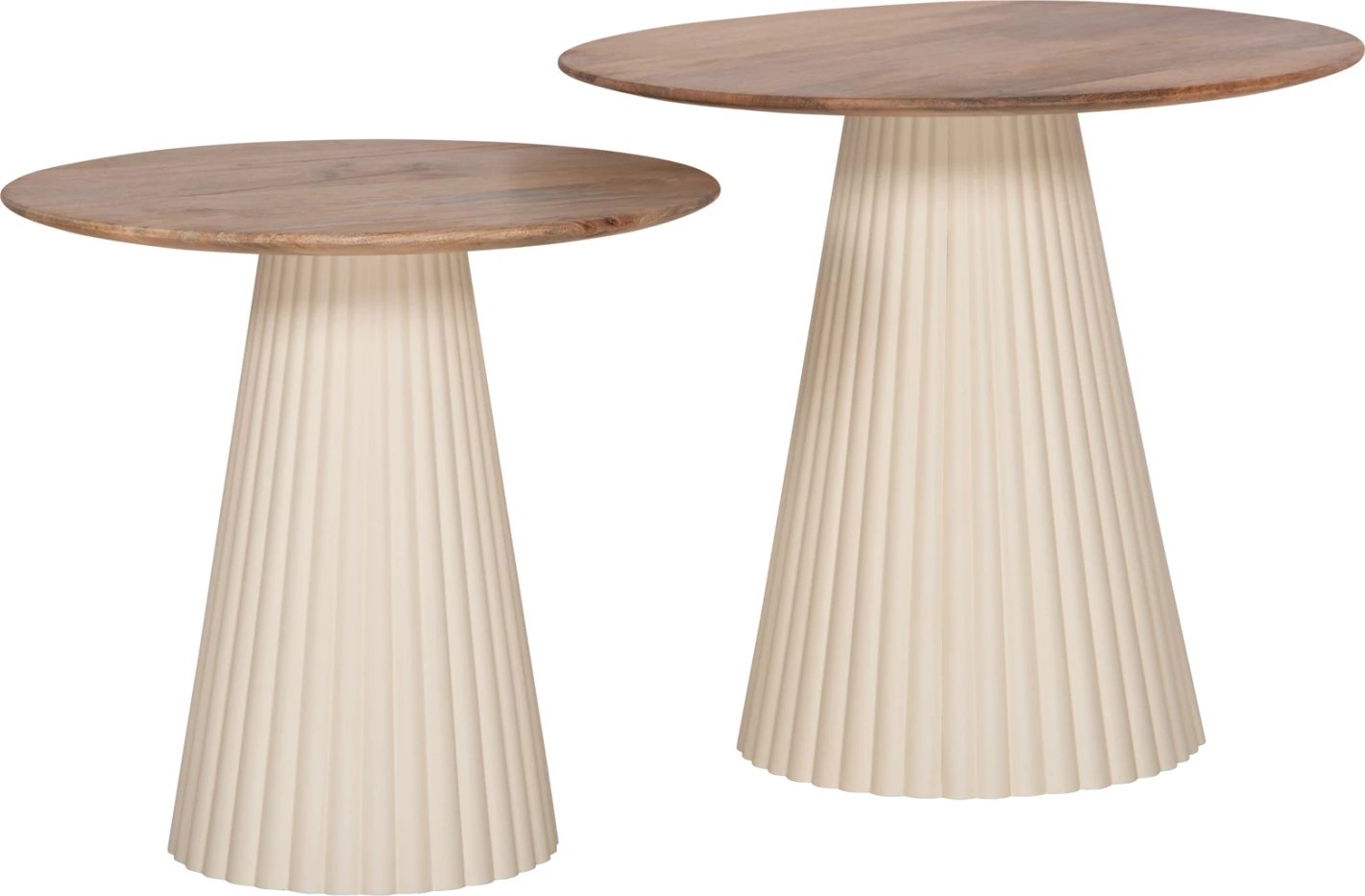 Tavolina kafeje 2 copë Foldy FH9925 bazë metali ngjyrë fildishi, sipërfaqe e rrumbullakët dru mango natyral Φ40 & Φ48 Tavolina kafeje 2 copë Foldy FH9925 bazë metali ngjyrë fildishi, sipërfaqe e rrumbullakët dru mango natyral Φ40 & Φ48