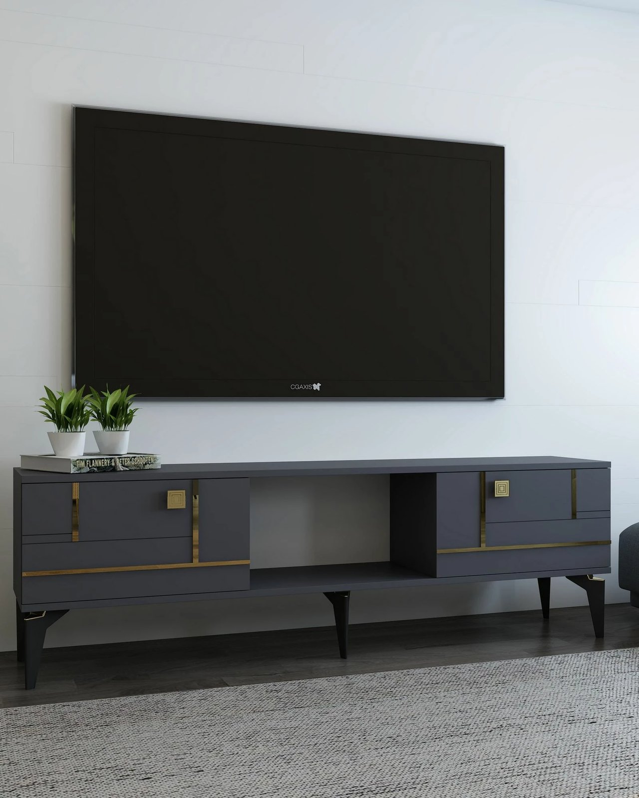 Komodë TV Skye Decor, ngjyrë antracit, detaje ari