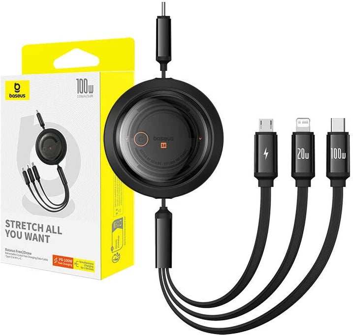 Kabllo karikimi 3-në-1 Baseus Free2Draw, 1.1m, 100W, USB-C/Lightning/microUSB, e zezë Kabllo karikimi 3-në-1 Baseus Free2Draw, 1.1m, 100W, USB-C/Lightning/microUSB, e zezë