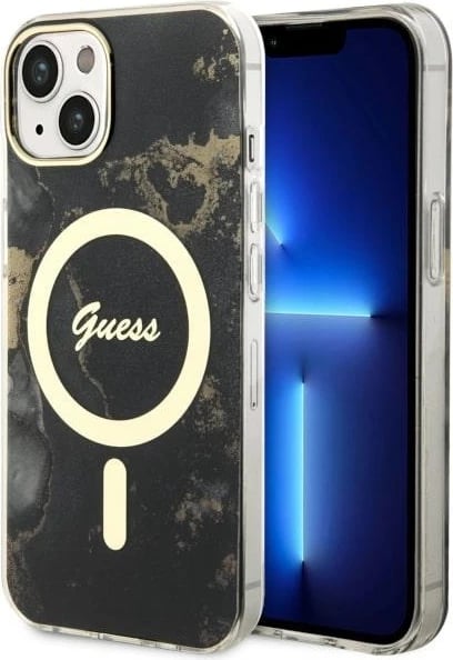Mbështjellës Guess Golden Marble për iPhone 14 Plus 6.7", MagSafe, zi