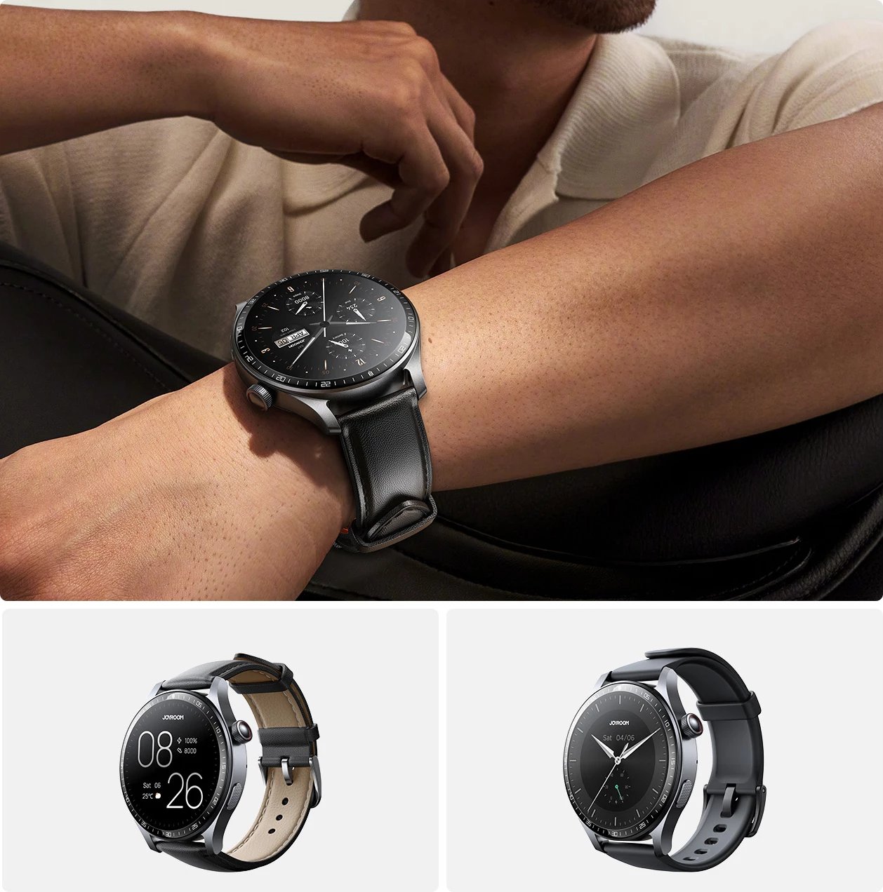 Smartwatch Joyroom JR-FC2 Pro, 1.46" HD, Bluetooth thirrje, 350mAh, Gri e errët, rripa lëkure dhe silikoni