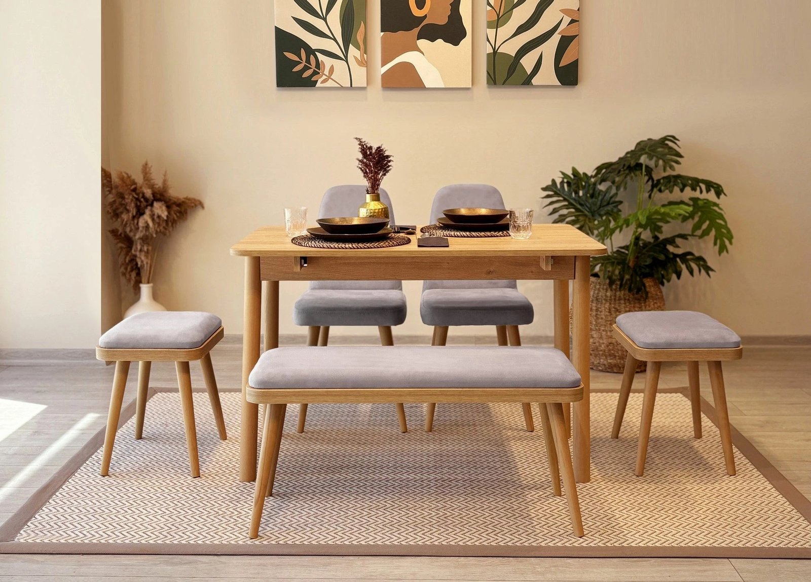 Set tavolinë me karrige për ngrënie, zgjatues, 6 pjesë, Skye Decor, Vina Mini 03 0701, ngjyrë lisi, Soho gri