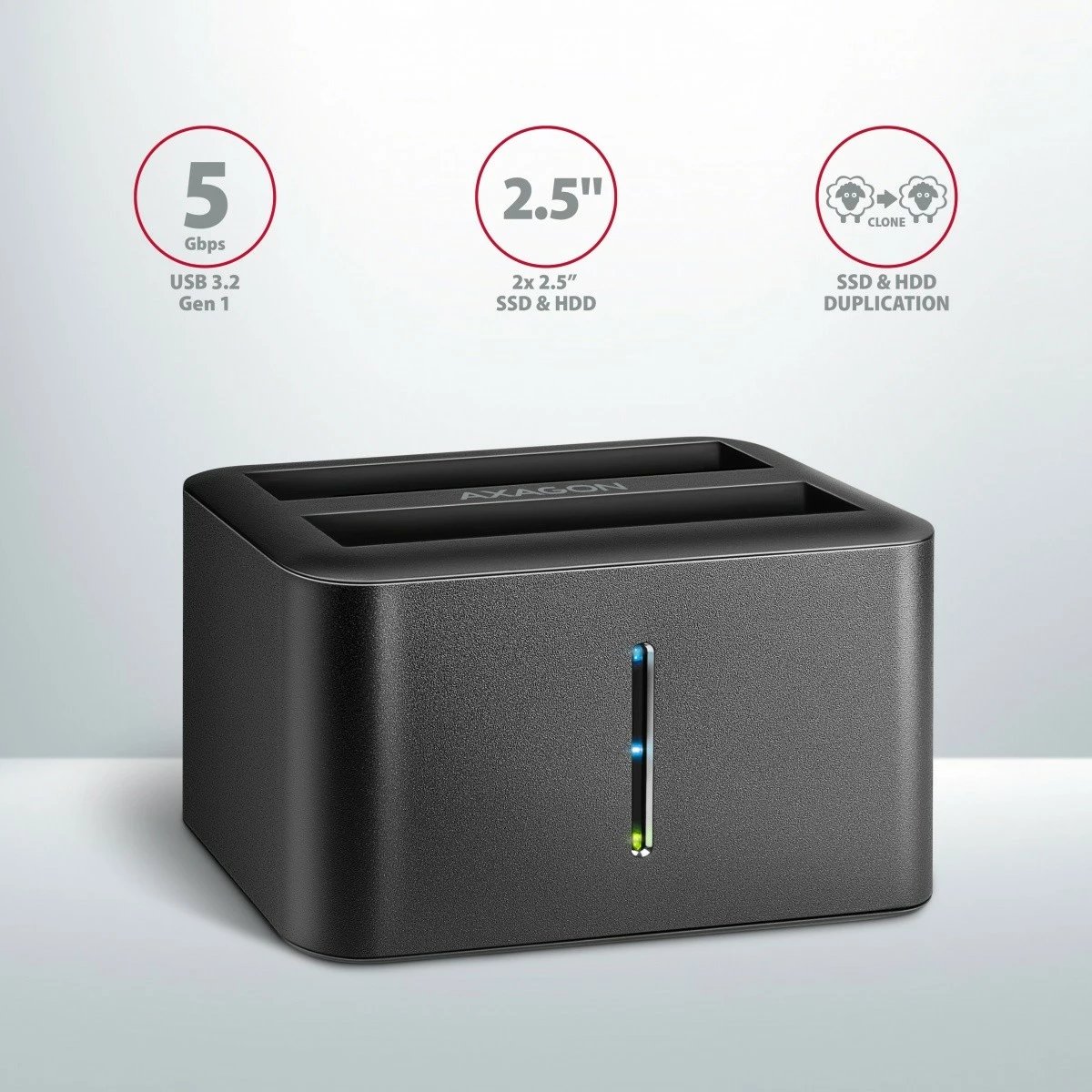 Kasë AXAGON ADSA-D25 MINI USB 3.2 Gen 1 për 2x SSD/HDD 2.5", e zezë