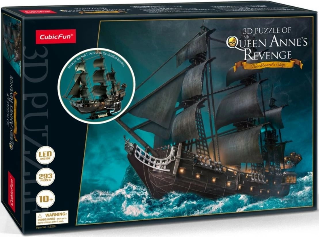 Puzzle 3D me LED, CubicFun, Queen Anne's Revenge 306-20522, 293 pjesë, mosha 10+, dimensione 68×26×64 cm