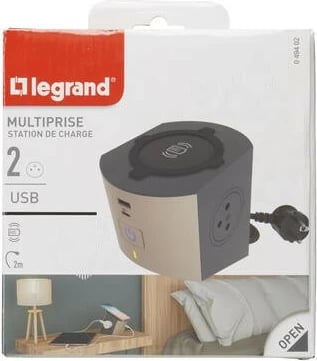 Prizë shumëfunksionale Legrand 049402 me 2 dalje, karikues induktiv Qi, USB Type-A+C, 2m, e zezë
