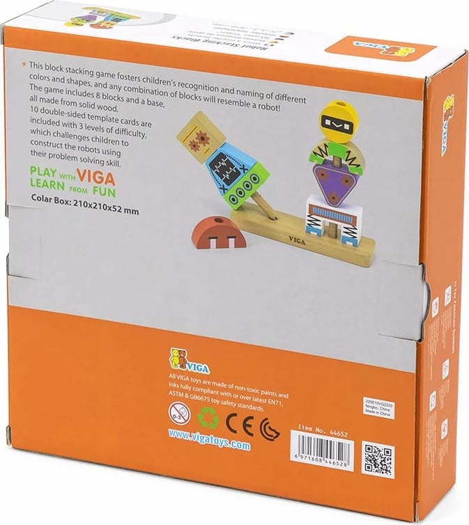 Blloqe druri stivuese, Viga Robots, puzzle edukativ me kartela modele, mbi 36m, shumëngjyrësh