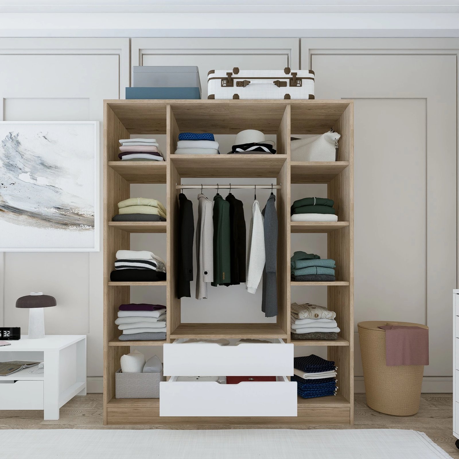 Dollap rrobash Skye Decor, Nisan 1600-018, ngjyrë arrë e çelët dhe e bardhë