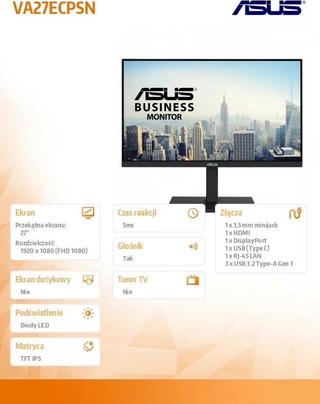 Monitor Asus VA27ECPSN 27", Full HD, IPS, HDMI, DP, USB-C, 3xUSB, RJ45, Altoparlantë, Zi