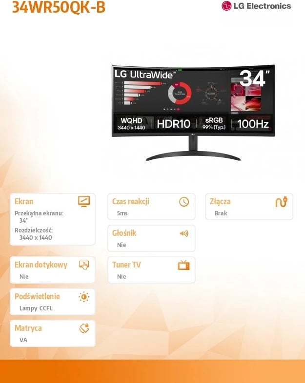 Monitor LG 34WR50QK-B, 34 inç, UltraWide, QHD, HDR10, i zi