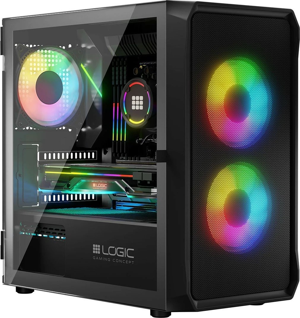 Kasë, Logic Concept, Portos ARGB Mini, Mini Tower Micro ATX, 3x 120 mm ARGB, panel anësor Tempered Glass, USB 3.0, e zezë