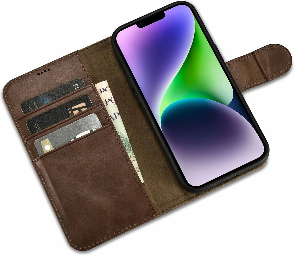 Mbështjellës iCarer Oil Wax Wallet 2in1 për iPhone 14, lëkurë natyrale, Anti-RFID, Kafe