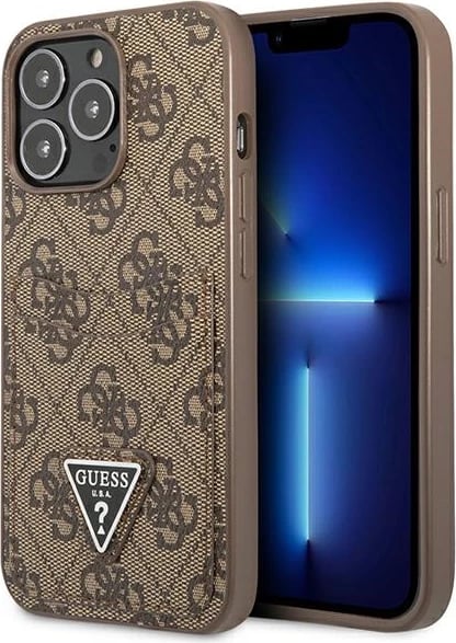 Mbështjellës Guess 4G Triangle Logo me xhepa për karta, për iPhone 13/13 Pro, Kafe