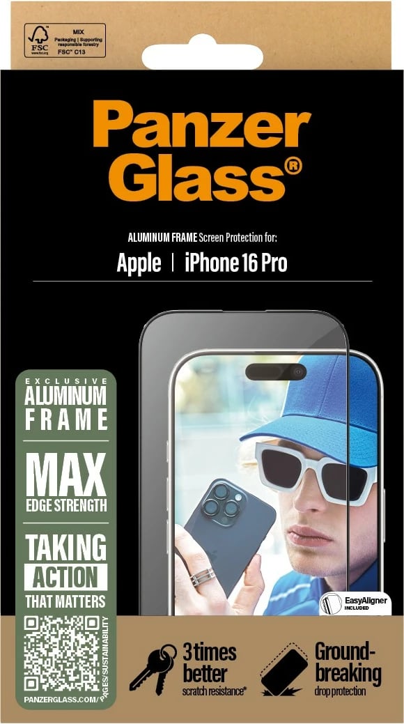 Mbrojtës ekrani PanzerGlass për iPhone 16 Pro, kornizë alumini