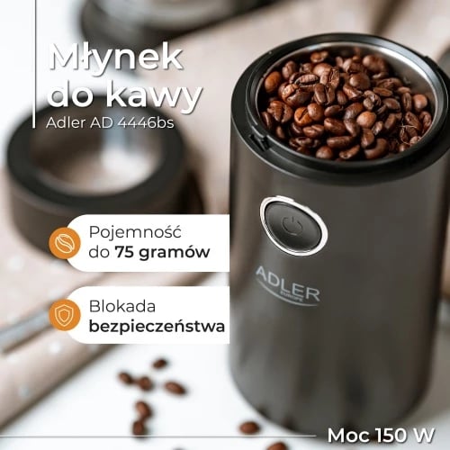 Mulli kafeje elektrik, Adler AD 4446, 150 W, kapacitet 75 g, kapak transparent, i zi/argjendtë