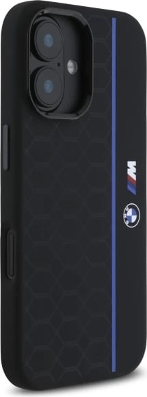 Mbështjellës BMW Silicone Hexagon Blue Line MagSafe për iPhone 16, Zi