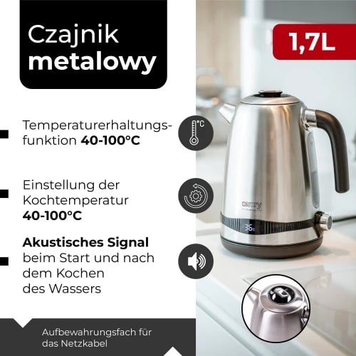 Çajnik elektrik, Camry, CR1291, 1.7L, ekran LCD dhe rregullim temperature 40-100°C, funksion Keep Warm 2h, 1850-2200W, inox