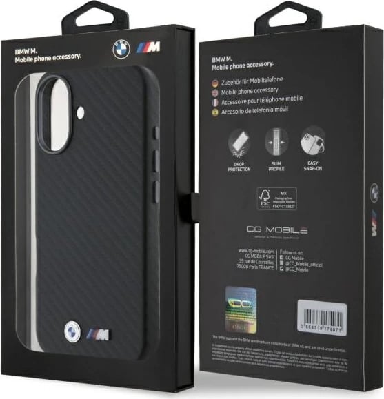 Mbështjellës BMW Carbon Wrapped Metal për iPhone 16, i zi