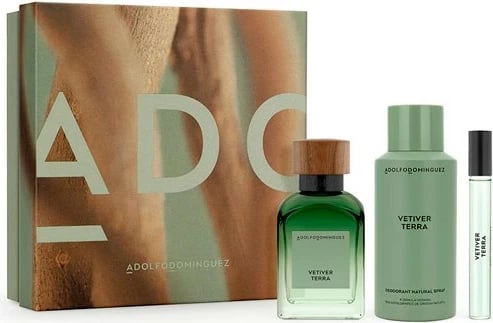 Set Eau de Parfum unisex Adolfo Dominguez Vetiver Terra, 120ml + deodorant + spray udhëtimi