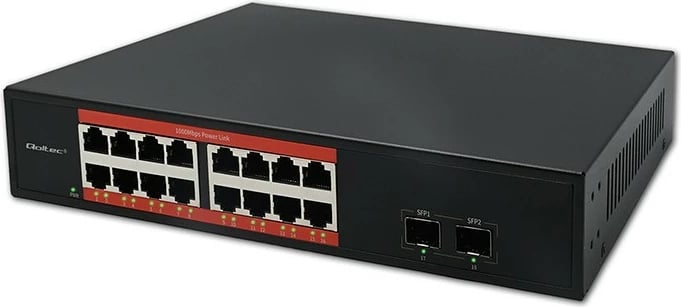 Switch PoE Gigabit, Qoltec 52364, 16x RJ45 10/100/1000, 2x SFP 1Gbps, Plug & Play