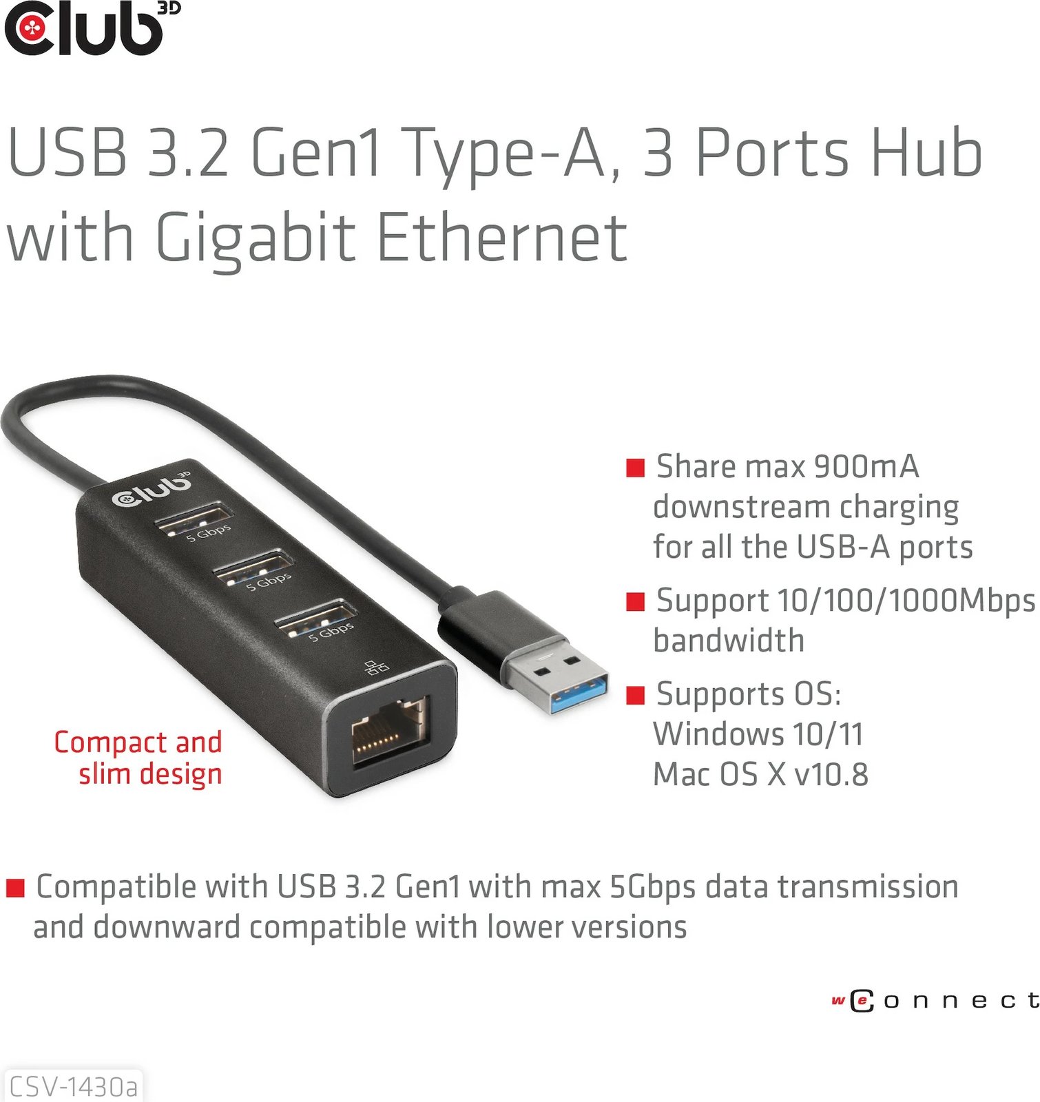 Adapter USB Club3D 3x USB 3.2 Type-A me LAN, i zi