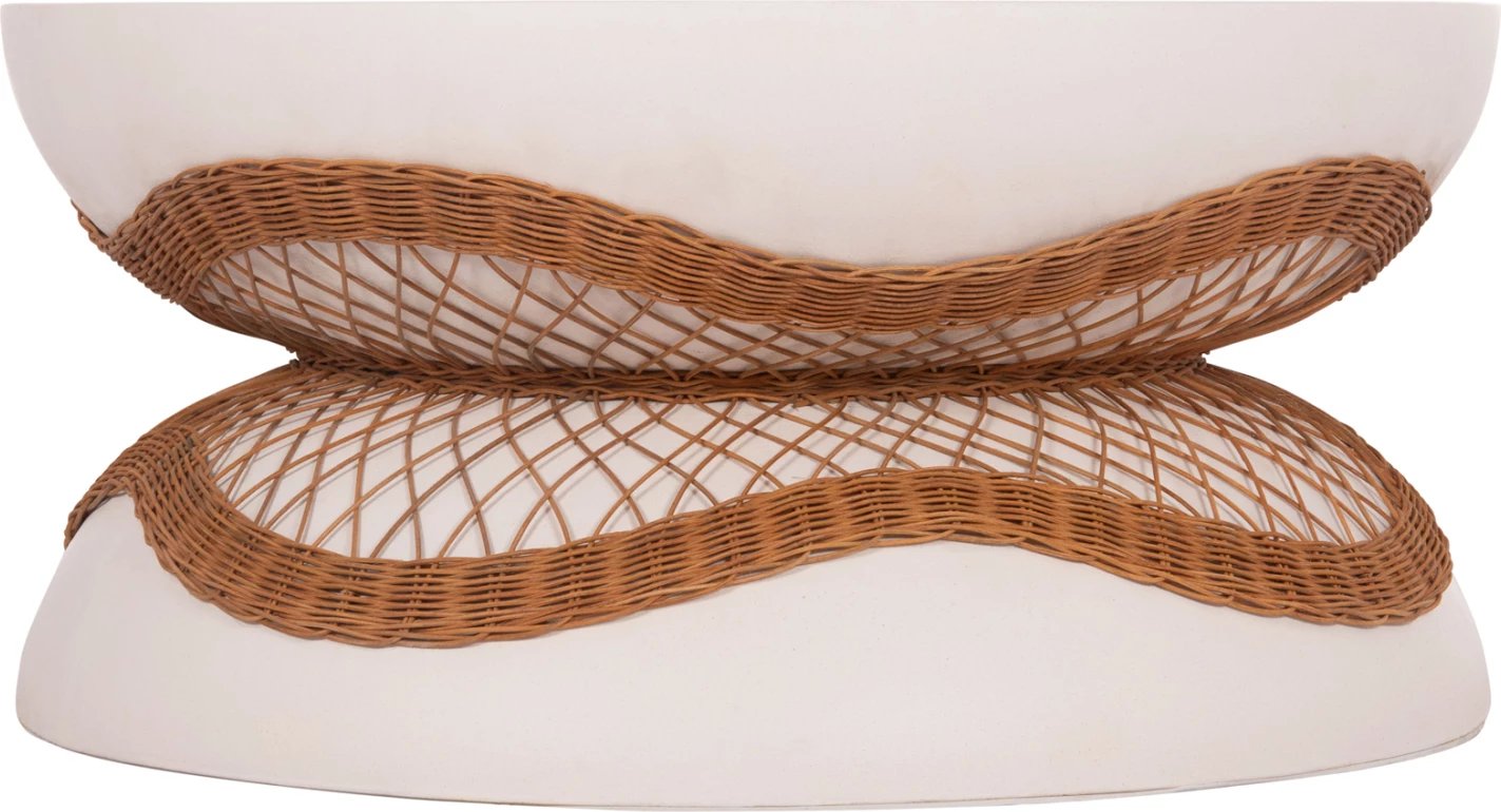 Tavolinë kafeje rrethore ANNA, çimento fiber e bardhë, ratan natyral, FH18157.02, 92x44.5cm