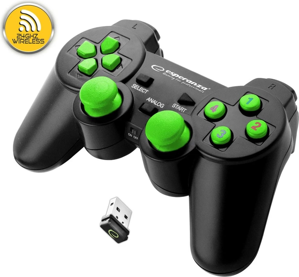 Gamepad wireless Esperanza EGG108G për PC/PS3, 2.4GHz, i zi/gjelbër
