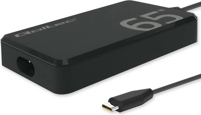 Karikues rrjeti Qoltec 65W GaN, USB-C 3.1, për laptop, MacBook, celular, i zi, me kabllo