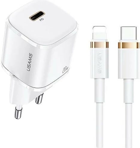 Karikues rrjeti USAMS T36 20W me kabllo USB-C në Lightning, Bardhë