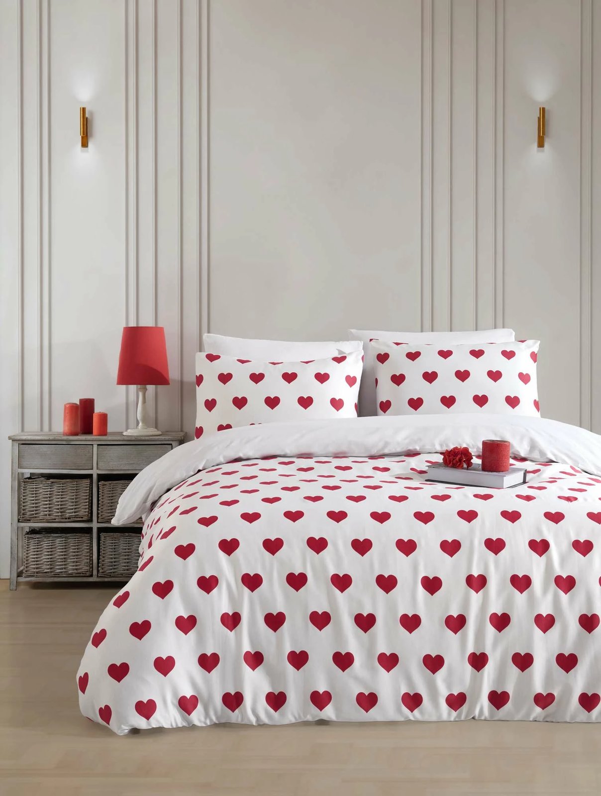 Set mbulesë për jorgan dopio, saten, Chole, e bardhë me zemra të kuqe