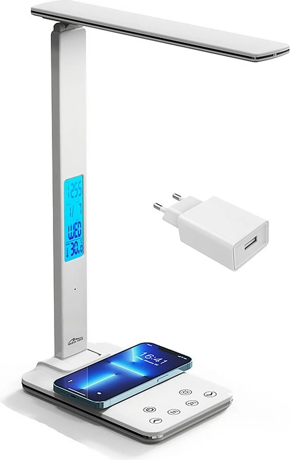 Llambë tavoline Media-Tech MT222 me karikues wireless, LED display, Bardhë